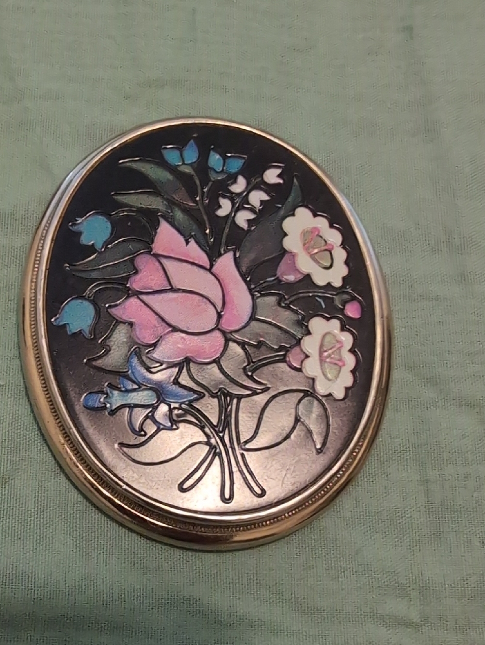 Vintage Avon Floral Mosaic Oval Pendant - Pink & Blue Flowers